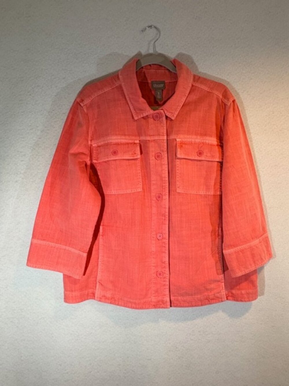 Chicos Size 3 Pigment Dyed Button Front Jacket Calypso Coral ¾ Sleeve NWT